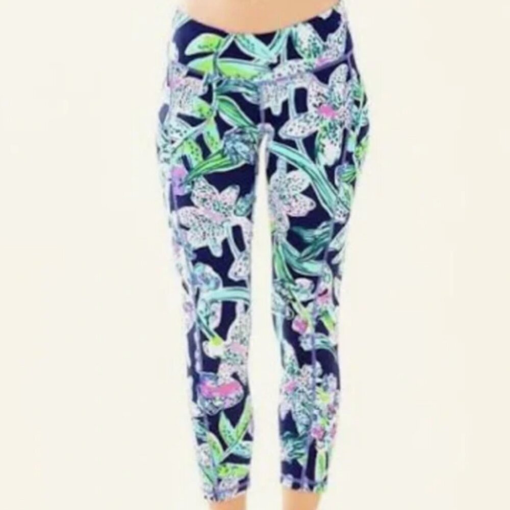 Lilly Pulitzer Luxletic Weekender Midi Leggings Navy Sway this Way XXS NWOT